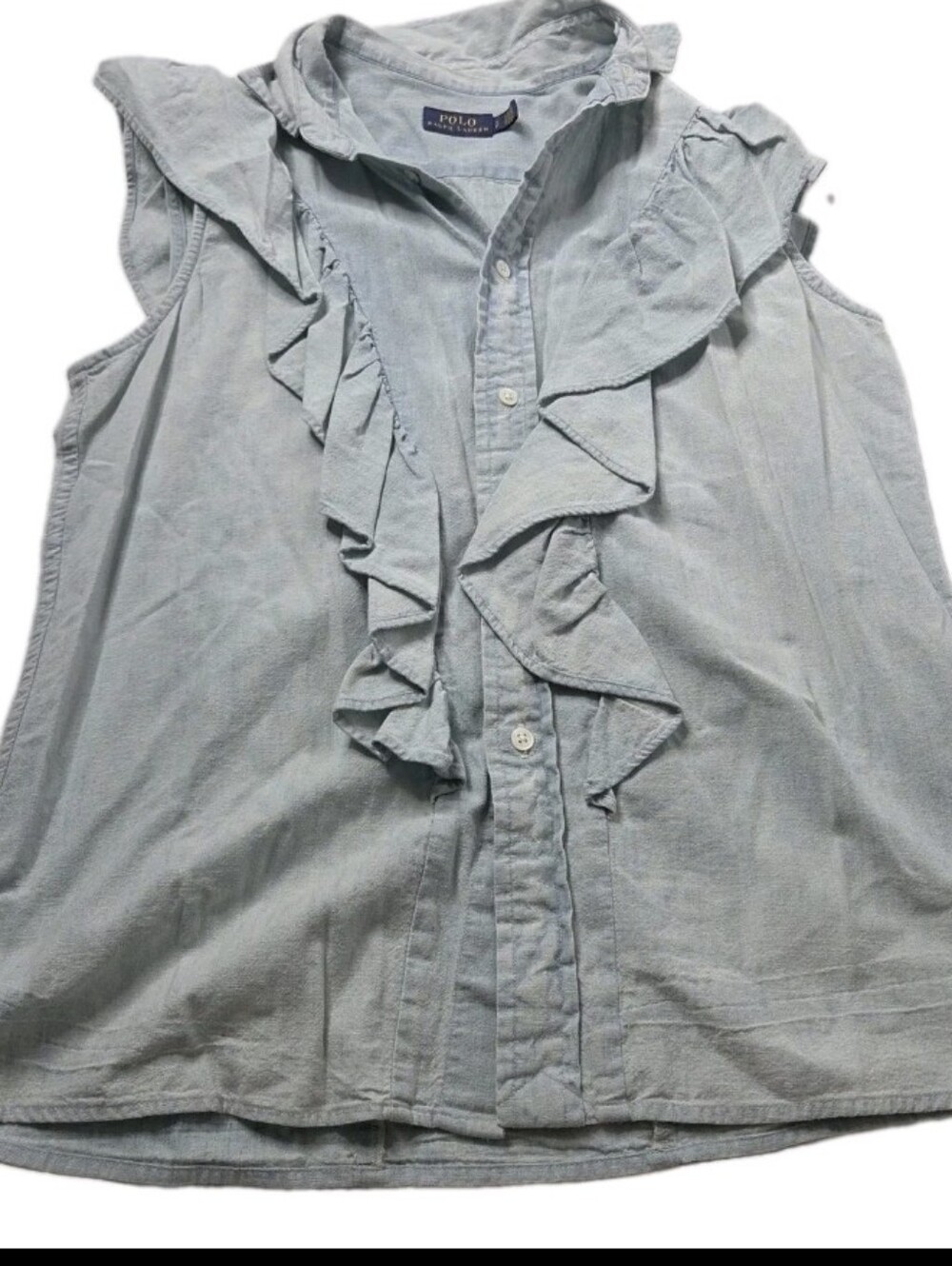 Polo by Ralph Lauren Light Blue Sleeveless Ruffle Button-Front Shirt Small P